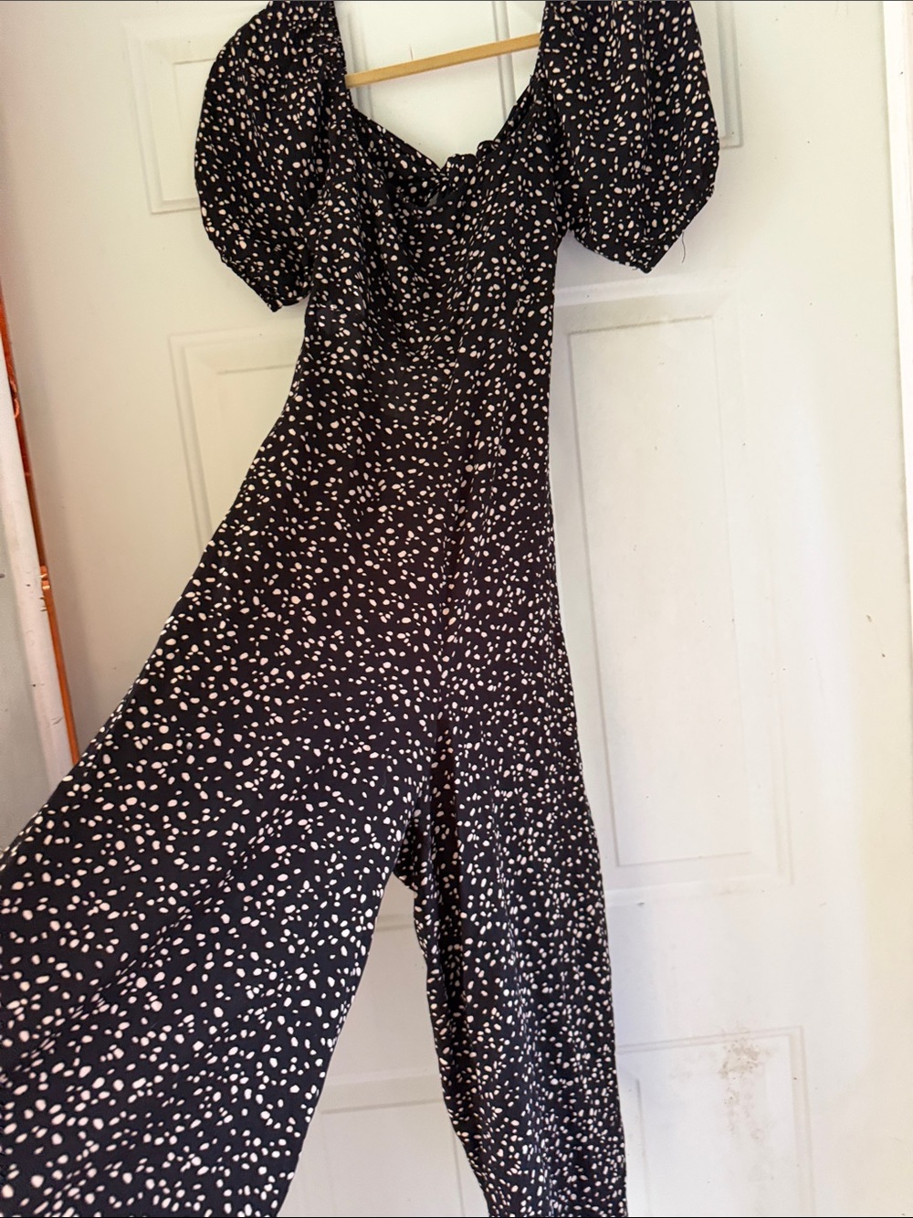Black Puff-Sleeve Printed Jumpsuit with White Spot Print